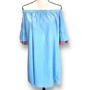 See You Monday Women's Fringe Tassel Off-The-Shoulder Denim Top Blue XL